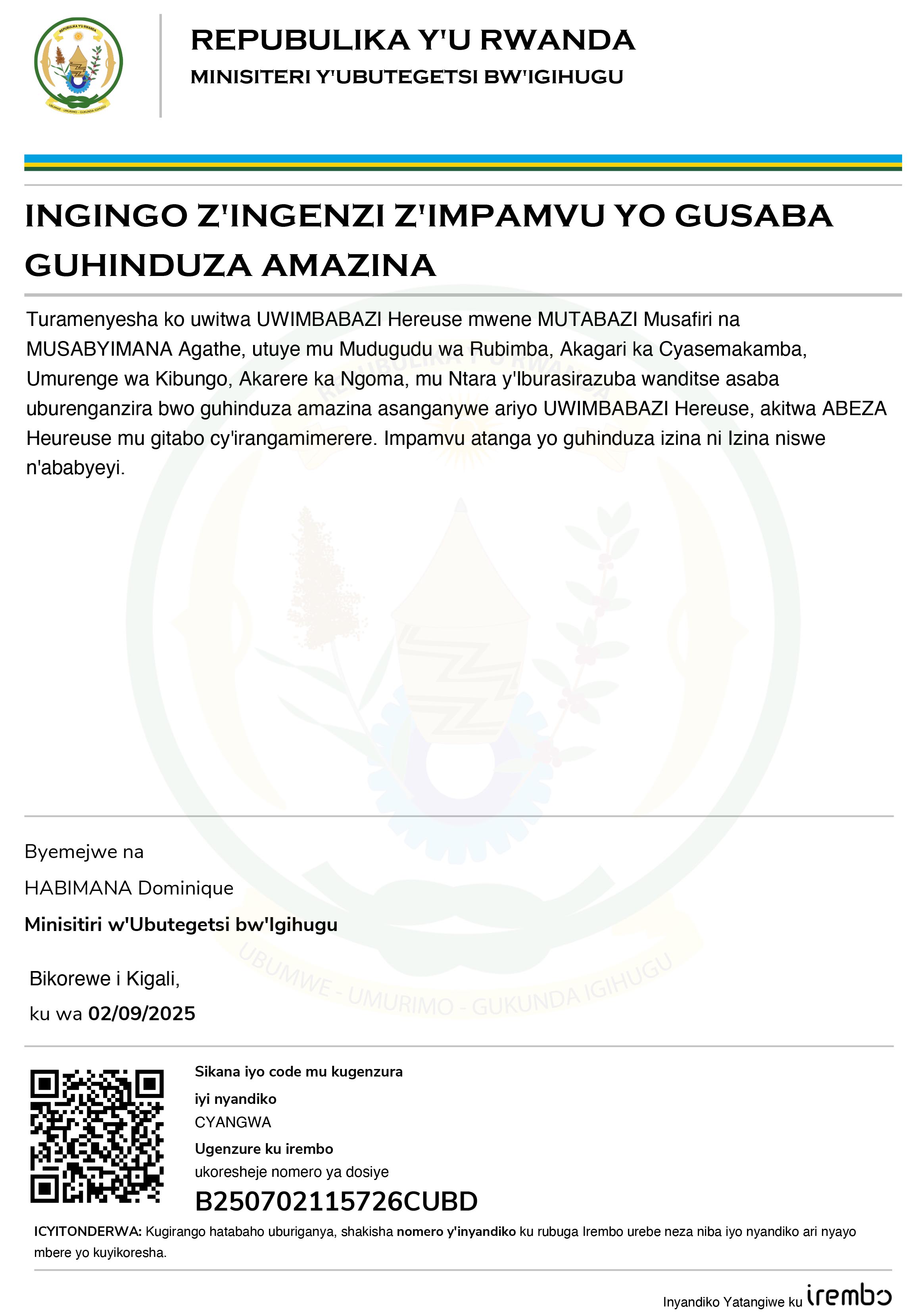 ITANGAZO RYO GUHINDURA IZINA AKITWA ABEZA Heureuse