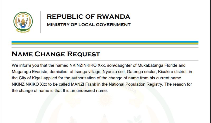 Name change notice: From Nkinzinkiko to Manzi Frank