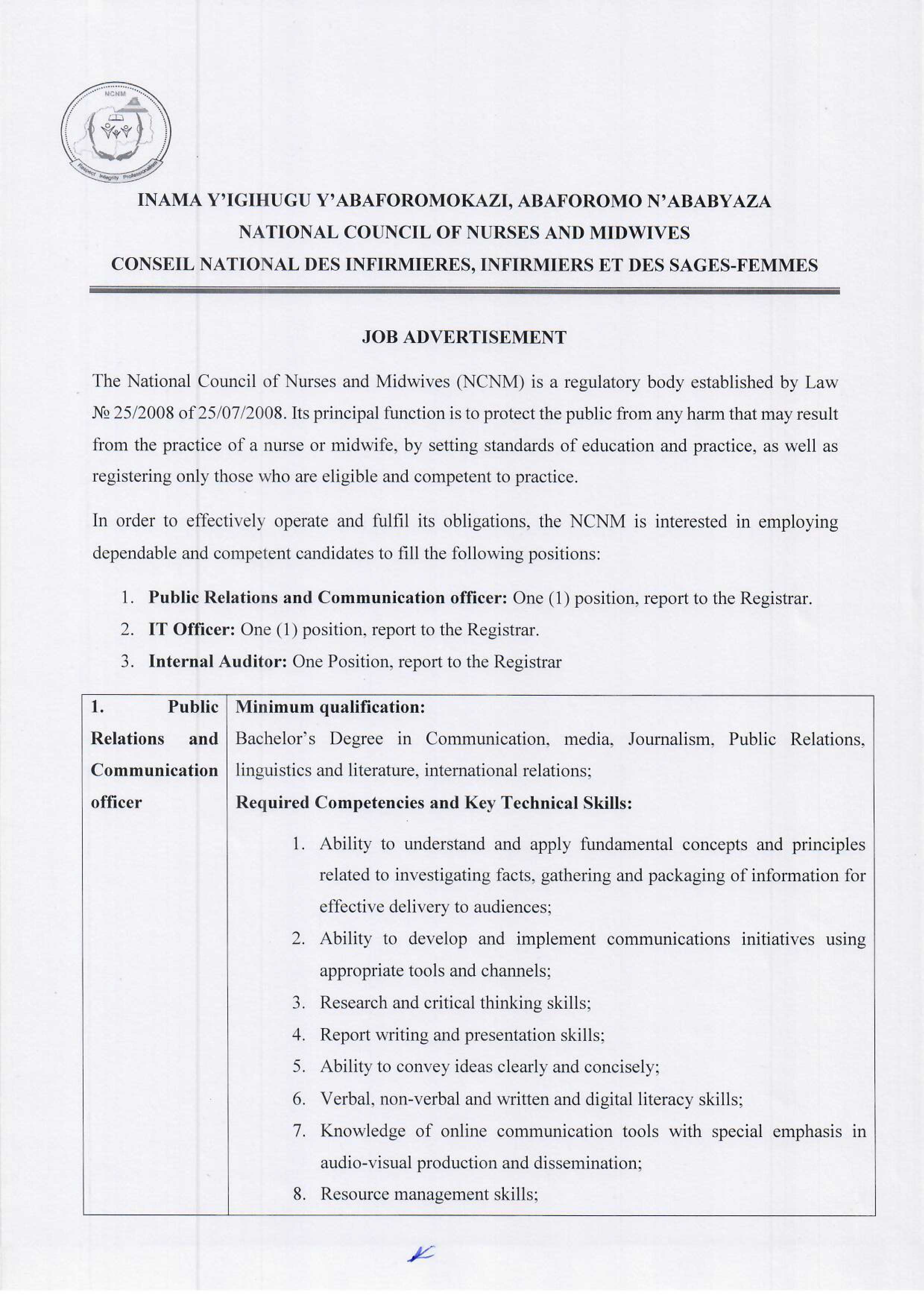 NCNM Job Advertisement : Public Relations and Communication officer,IT Officer and Internal Auditor
