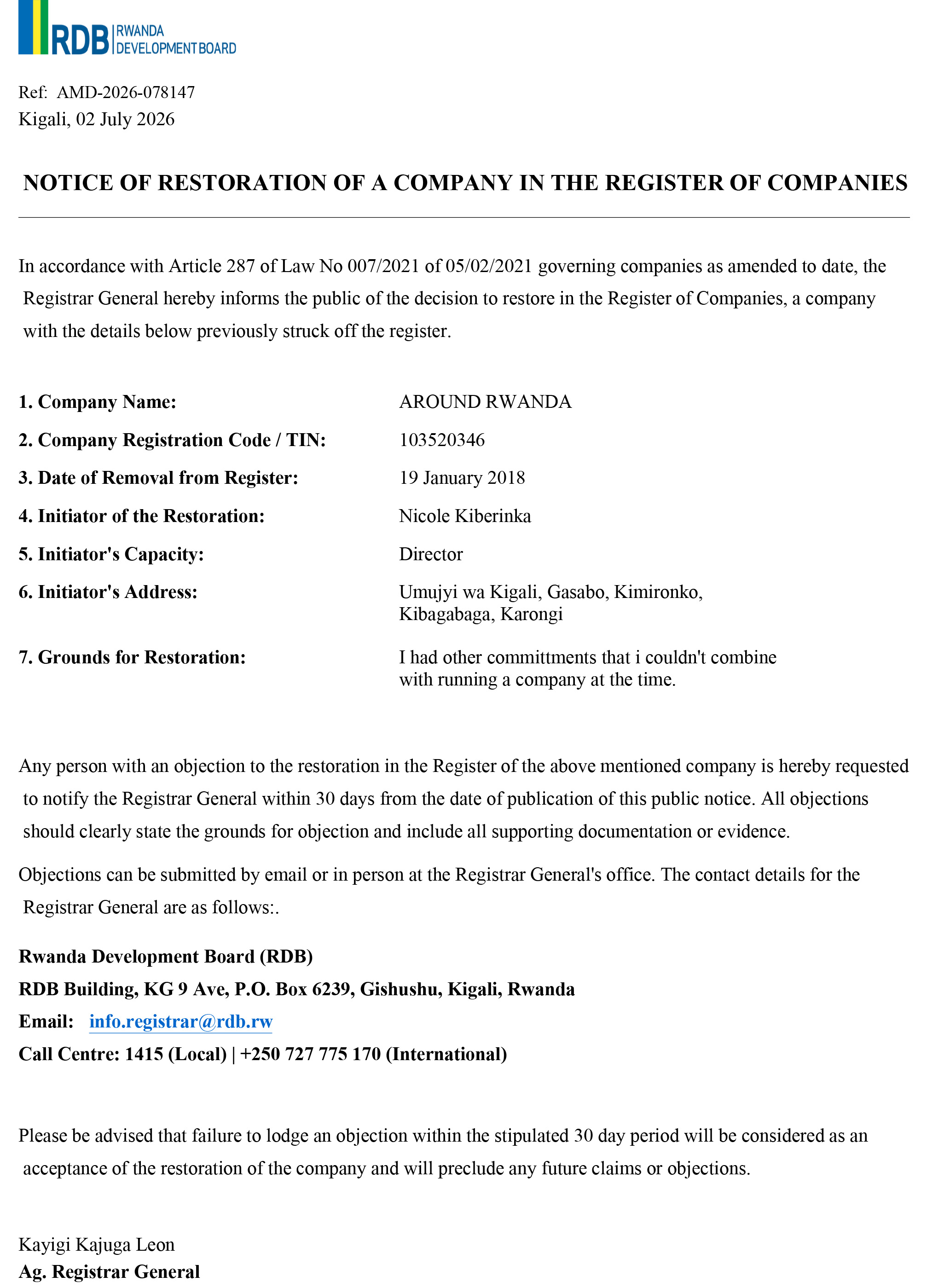 Notice of Restoration of a Company in Register of Companies